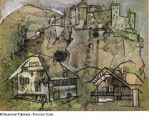 Konstruktives Gebäudeensemble mit Hütten vor Berg mit Burg