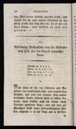 56-74, IV. Vorläufige Nachrichten von der Auferstehung Jesu, oder das Zeugniß himmlischer Boten.