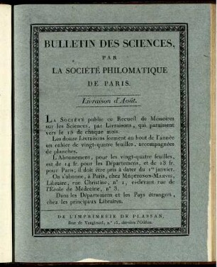 Bulletin Des Sciences, Par La Société Philomatique De Paris. Livraison de' Août.