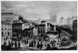 Ansicht der Piazza di Spagna, darüber Villa Medici, Trinità dei Monti und der Palazzo Zuccari - Die Piazza di Spagna mit Trinità dei Monti. Zwischen 1711 und 1723