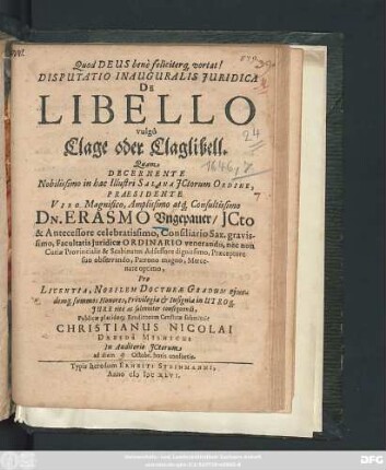 Disputatio Inauguralis Iuridica De Libello vulgo Clage oder Claglibell