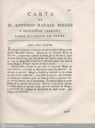 CARTA DE D. ANTONIO RAFAEL MENGS A MONSENOR FABRONI, SOBRE EL GRUPO DE NIOBE.