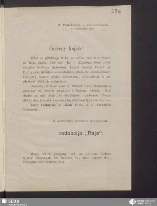 [list/próstwa wo pjenježny dar wot: časopis „Raj“, 12/1909]