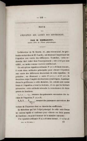 Note sur l´équation aux carrés des différences.