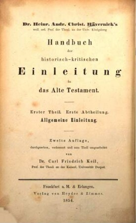 Handbuch der historisch-kritischen Einleitung in das Alte Testament. 1,1, Allgemeine Einleitung in das Alte Testament