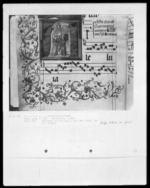 Graduale in zwei Bänden und ein dazugehöriges Antiphonar — Graduale — Initiale A (lleluia) mit einer Szene aus dem Leben der heiligen Clara, Folio 68verso