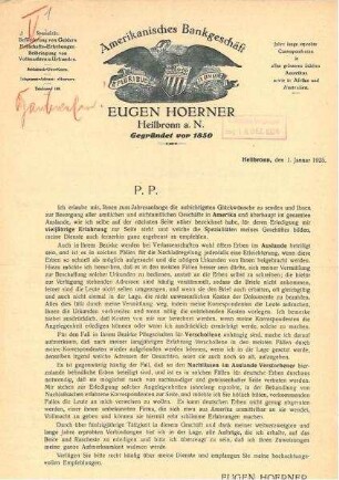 Werbeschreiben von EUGEN HOERNER, Amerikanisches Bankgeschäft