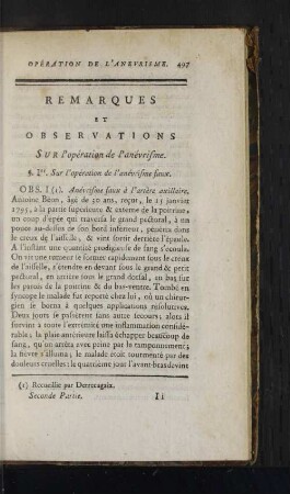 Remarques et Observations sur l'opération de l'anévrisme.