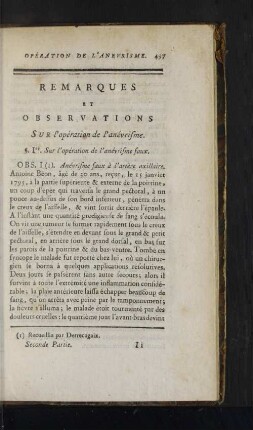 Remarques et Observations sur l'opération de l'anévrisme.