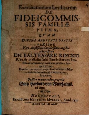 Exercitationum iur. de fideicommissis familiae prima