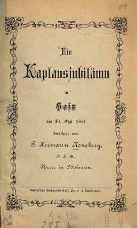 Ein Kaplansjubiläum in Hofs am 30. Mai 1882