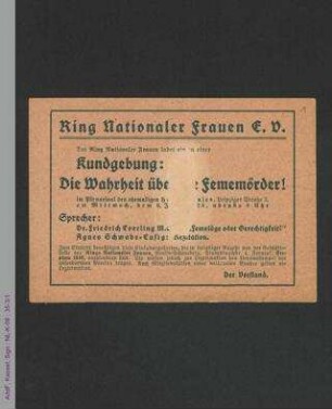 Einladungskarte Ring Nationaler Frauen zu Kundgebung: Die Wahrheit über die Fememörder!