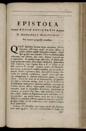 Epistola Gratum Regiæ Societatis Animum
