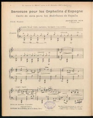 Berceuse pour les Orphelins d'Espagne : Canto de cuna para los Huérfanos de España - Pour piano