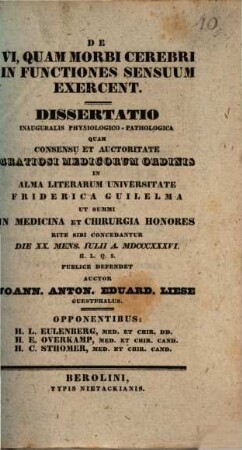 De vi, quam morbi cerebri in functiones sensuum exercent : Diss. inaug. physiol. path.