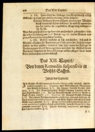 Das XIII. Capitel, Von denen Remediis suspensivis in Wechsel-Sachen.