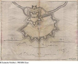 Grundriss und Schnitte eines polygonalen Festungsbaus mit Zitadelle