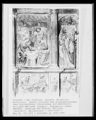Hochaltar, Mittelteil, oberes Sockelgeschoss: Evangelist Lukas, Heiliger Hieronymus und Ambrosius