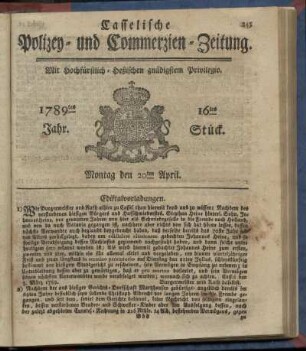 16tes Stueck, Montag den 20ten April. 1789