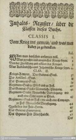 Inhalts-Register / über die Classen dieses Buchs.