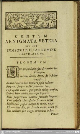 Centum Aenigmata Vetera Diu Sub Symposii Poetae Nomine Circumlata etc.