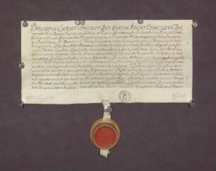 Lehenbrief des Erzbischofs Philipp Christoph zu Trier als Bischof zu Speyer für den Abt Placidus des Klosters Schwarzach über die von dem Bistum Speyer lehenbaren dem Kloster angehörige Gerechtsame und Güter
