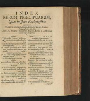 Index Rerum Praecipuarum, Quae in Iure Ecclesiastico continentur.