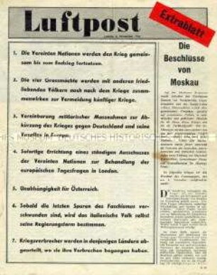 Nachrichtenblatt der Alliierten "Luftpost" zum Treffen der Außenminister im Oktober 1943 in Moskau