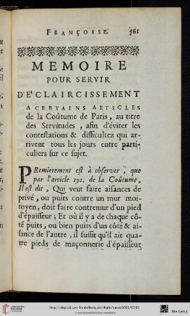 Memoire pour servir d’eclaicissement à certains articles de la Coûtume de Paris, au titre des servitudes, afin d’éviter les contestations & difficultez qui arrivent tous les jours entre particuliers sur ce sujet