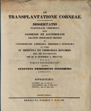 De transplantatione corneae : diss. inaug. chir. ; c. tab.