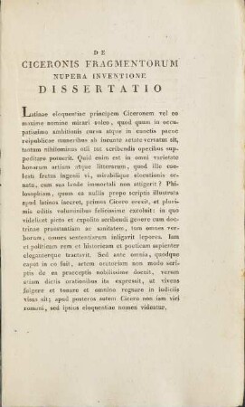 De Ciceronis Fragmentorum Nupera Inventione Dissertatio