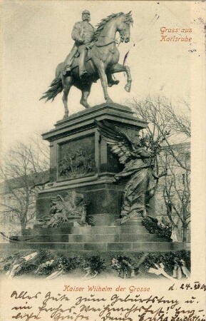 Postkartenalbum mit Motiven von Karlsruhe. "Gruß aus Karlsruhe. Kaiser Wilhelm der Grosse". Kaiser Wilhelm-Denkmal auf dem Kaiserplatz