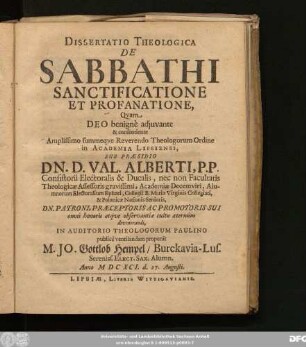 Dissertatio Theologica De Sabbathi Sanctificatione Et Profanatione
