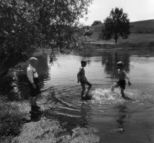 Kinderbilder. Drei Jungen an einem Gewässer