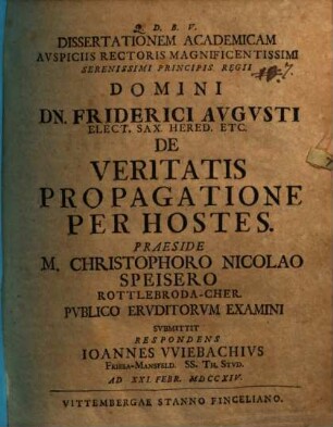 Diss. acad. de veritatis propagatione per hostes
