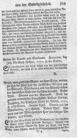 Briefe einer zärtlichen Mutter an ihren Sohn, worinn sie ihm die Wahrheit der christlichen Religion aus der Vernunft, Offenbarung und den Widersprüchen der feindlichen Bestreiter derselben beweiset. T.1-3.