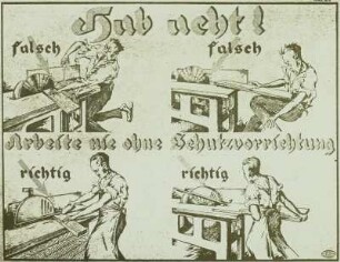 Arbeite nie ohne Schutzvorrichtung (Kreissäge) : Kreissäge, Unfallschutz