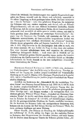 Hermann Samuel Reimarus (1694 - 1768) ein "bekannter Unbekannter" der Aufklärung in Hamburg, Vorträge, gehalten auf der Tagung der Joachim Jungius-Gesellschaft der Wissenschaften Hamburg am 12. und 13. Oktober 1972, (Veröffentlichung der Joachim Jungius-Gesellschaft der Wissenschaften Hamburg) : Göttingen, Vandenhoeck &Ruprecht, 1973