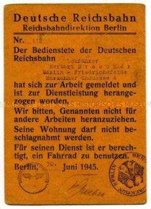 Betriebsausweis eines Lokführers der Deutsche Reichsbahn