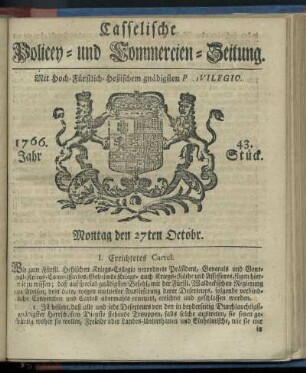 43. Stueck, Montag den 27ten Octobr. 1766