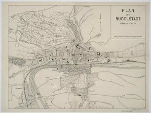 Plan von Rudolstadt, 1:10 000, Offsetdruck, um 1933 : Plan von Rudolstadt. - 1:10 000. - Rudolstadt : Müllersche Buchhandlung ; Leipzig : Brockhaus , [1933]. - 1 Plan : Offsetdruck ; 40 x 30 cm. Titel oben rechts. - Ohne Kt.-Netz. - Unten rechts: Monogramm WS