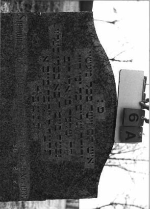 Grabstein 6 (Index: 100116078) Material: Granit Zustand: gut Maße HxBxT: 107x90x14 cm Beschreibung: aufgesockelte, breite Stele mit eingezogenem Segmentbogenabschluß: Grabstein 6A