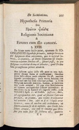 Hypothesis Primaria sive...Religionis Socinianæ & Errores cum illo connexi.