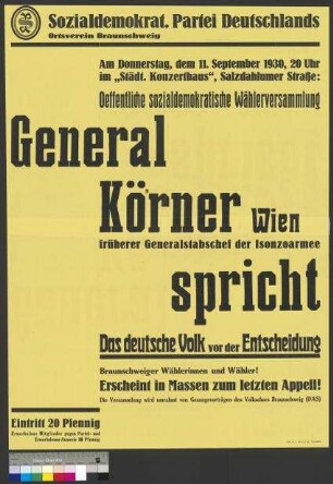 Plakat der SPD zu einer Wahlkundgebung am 11. September 1930 in Braunschweig