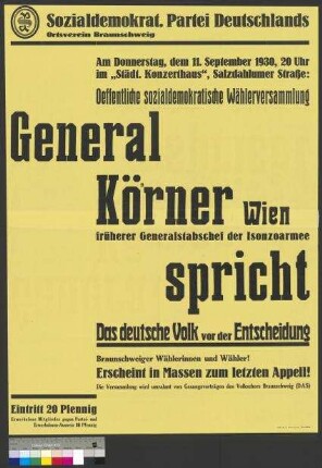 Plakat der SPD zu einer Wahlkundgebung am 11.                                         September 1930 in Braunschweig