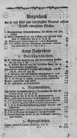Verzeichniß der in des fünf und dreyßigsten Bandes erstem Stücke recensirten Bücher.