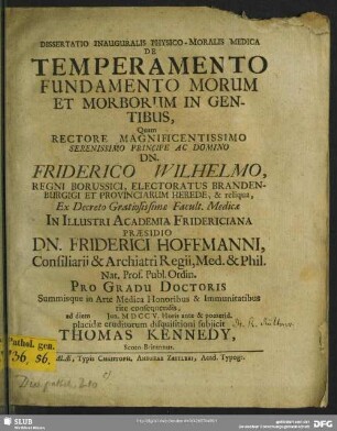 Dissertatio Inauguralis Physico-Moralis Medica De Temperamento Fundamento Morum Et Morborum In Gentibus