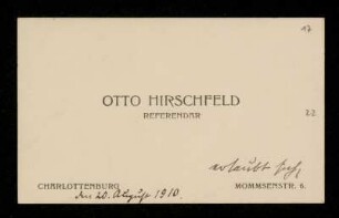 Visitenkarte des Referendars Otto Hirschfeld für Otto von Gierke, Charlottenburg (Berlin), 20.8.1910