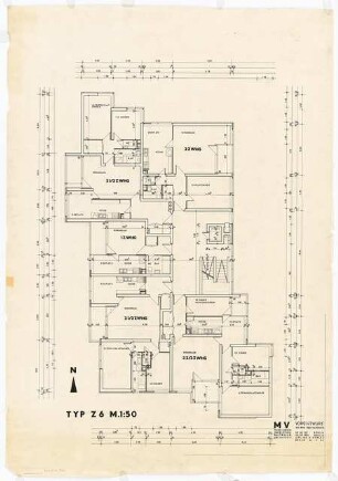 Märkisches Viertel, Wilhelmsruher Damm, Finsterwalder Straße, Berlin-Reinickendorf: Grundriss Typ Z6, Vorentwurf 1:200