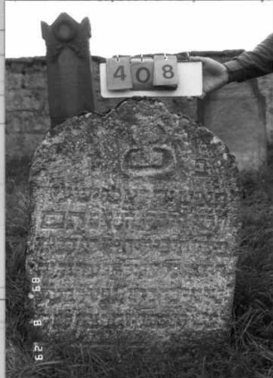 Grabstein 408 (Index: 100107908) Material: Kalkstein Zustand: stark verwittert, oben abgeschlagen, weitgehender Textverlust Maße HxBxT: 121x74x18 cm Beschreibung: Stele mit Rundbogenabschluß: Grabstein 408